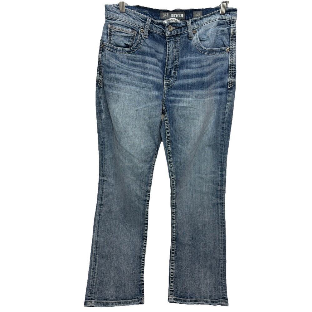 BKE Jeans Mens 32R Blue TYLER Straight Light Wash Distressed Buckle Denim